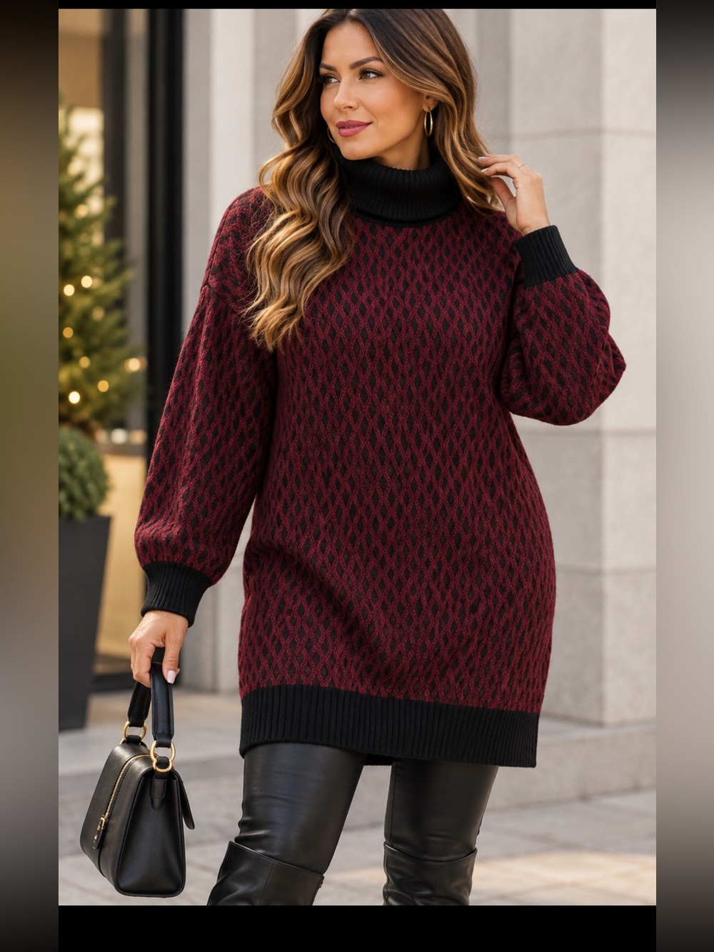 Reitmans Burgundy and Black Patterned Turtleneck Sweater